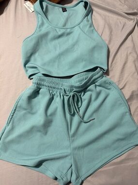 SHEIN Ribbed Drawstring Athletic Shorts in Light Teal